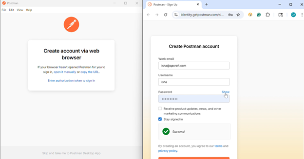 Enter your work email, username, and set the password for the new account creation