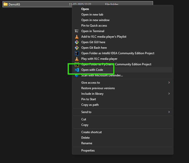 Create a k6 project folder and open that folder in VS Code