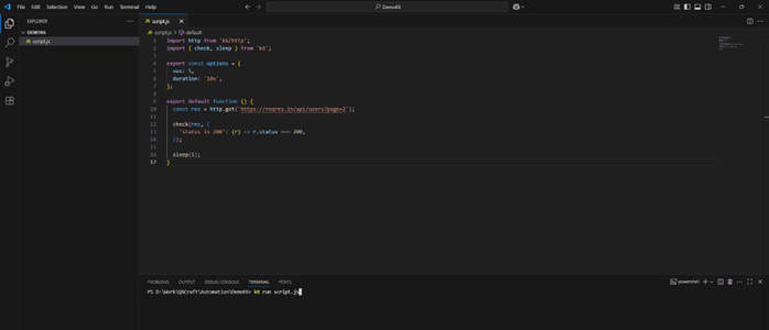 Run the script using the terminal with the command k6 run script.js