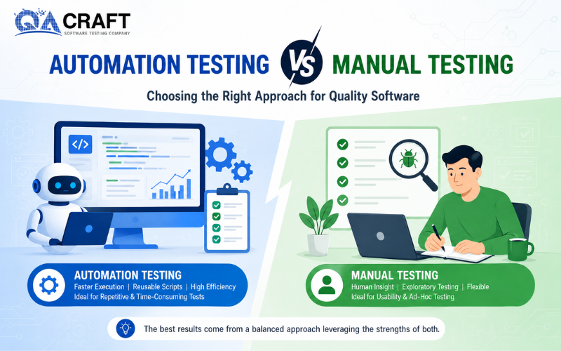 Illustrated banner comparing automation testing with manual testing: a robot and laptop on the left, a tester with a checklist on the right, heading 'Automation Testing vs Manual Testing'.