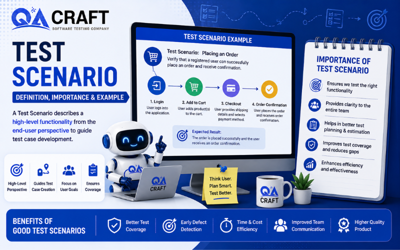 Promotional infographic for QA Craft about test scenarios, with a friendly robot mascot, a laptop, and a monitor displaying a step-by-step order flow.