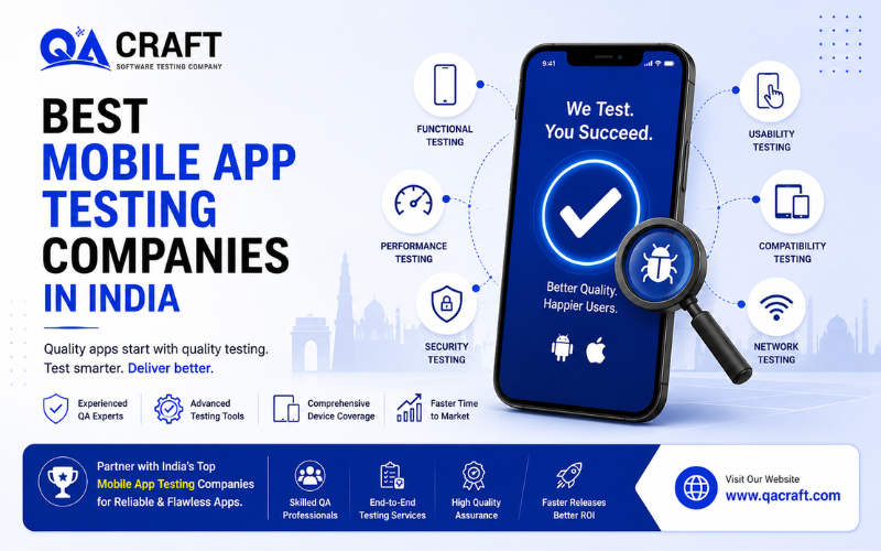 QA Craft banner: 'Best Mobile App Testing Companies in India' with a smartphone, magnifying glass, and service icons representing testing.