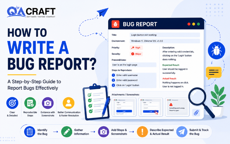 Infographic showing a guide to writing a bug report with a computer screen mockup, step icons along the bottom, and branding.