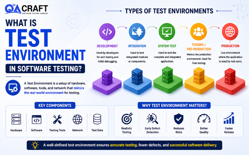 Infographic about test environments in software testing, showing stages from development to production with colored icons and 3D blocks and brief descriptions for each stage (development, integration, system test, staging/production, production). Readable caption: types of test environments.