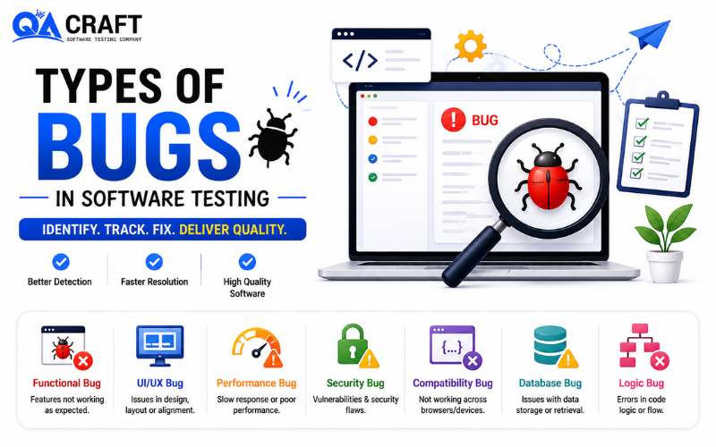 Infographic about types of bugs in software testing with a laptop, magnifying glass, and bug icons.