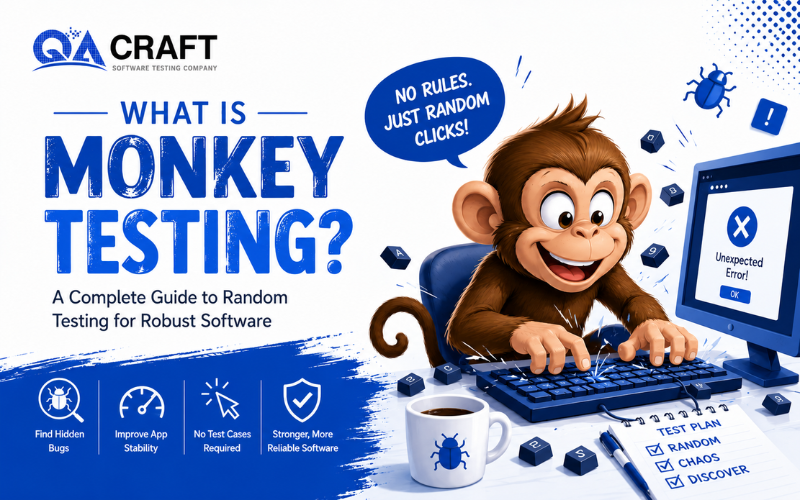 Promotional banner: cartoon monkey typing on a keyboard with the title 'What is Monkey Testing?' and QACraft logo in the corner.