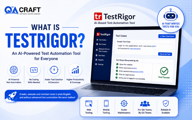 Marketing banner for TestRigor: AI-powered test automation tool; laptop screen shows the TestRigor interface, with logos for TestRigor and QA Craft and an AI badge; icons highlight Web testing, Mobile testing, easier maintenance, and reliable & scalable.
