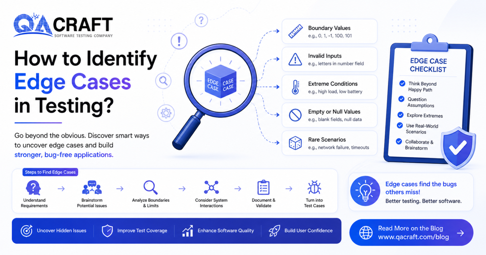 Infographic about identifying edge cases in software testing, listing categories like Boundary Values, Invalid Inputs, Extreme Conditions, Empty/Null Values, and Rare Scenarios with a checklist.