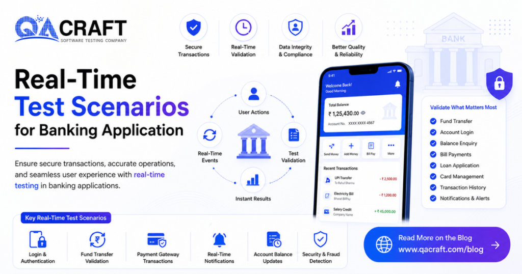 QA Craft hero banner promoting real-time test scenarios for banking applications, featuring a smartphone screen, banking icons, and a blue gradient bank graphic.